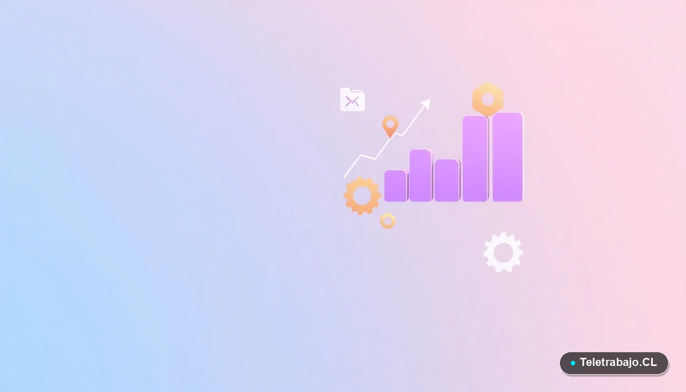 Composición abstracta de interfaz de usuario con gráficos, engranajes y carpetas flotantes en colores lavanda y durazno, sobre fondo degradado.