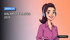 Ilustración plana vectorial de una diseñadora UX chilena sonriente, con fondo degradado azul y naranja, estilo Corporate Memphis.