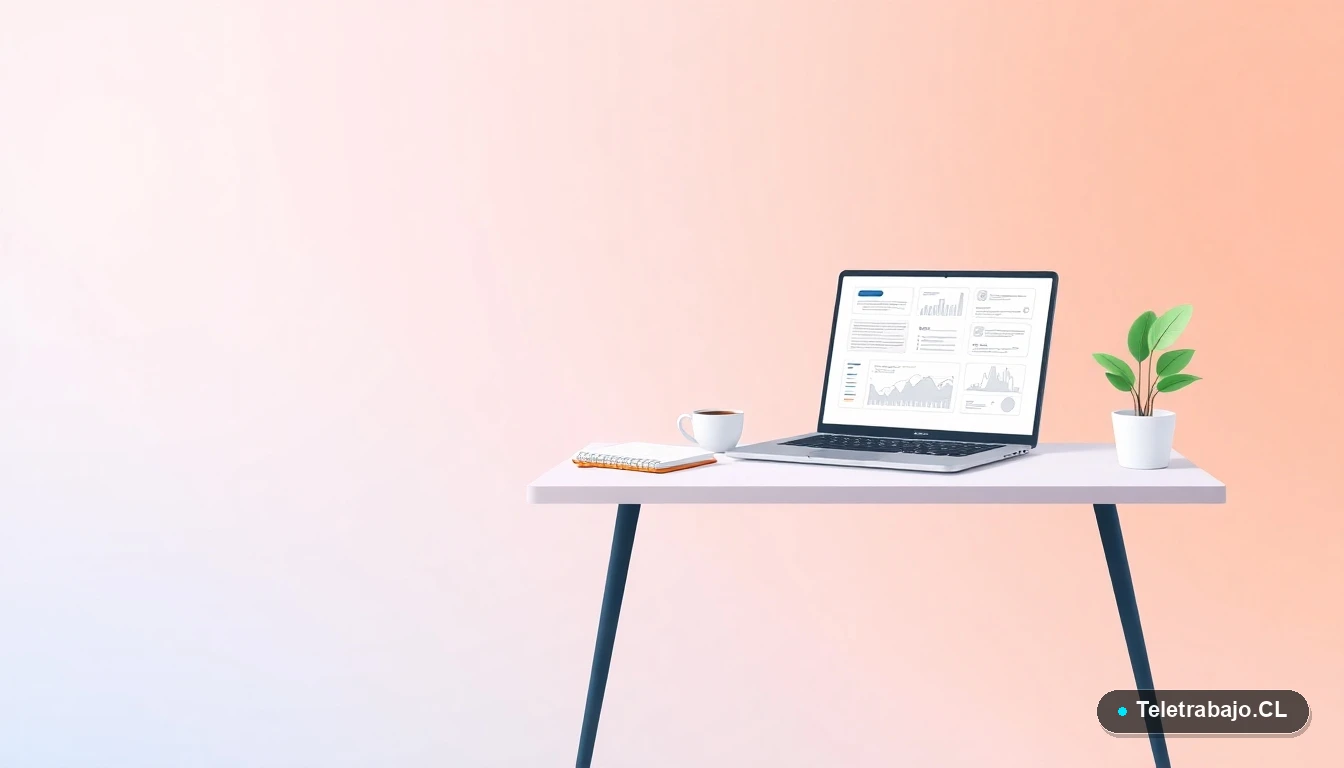 Escritorio moderno minimalista para diseñador UX con laptop, cuaderno y planta, fondo degradado lavanda y menta, ilustración vectorial plana.