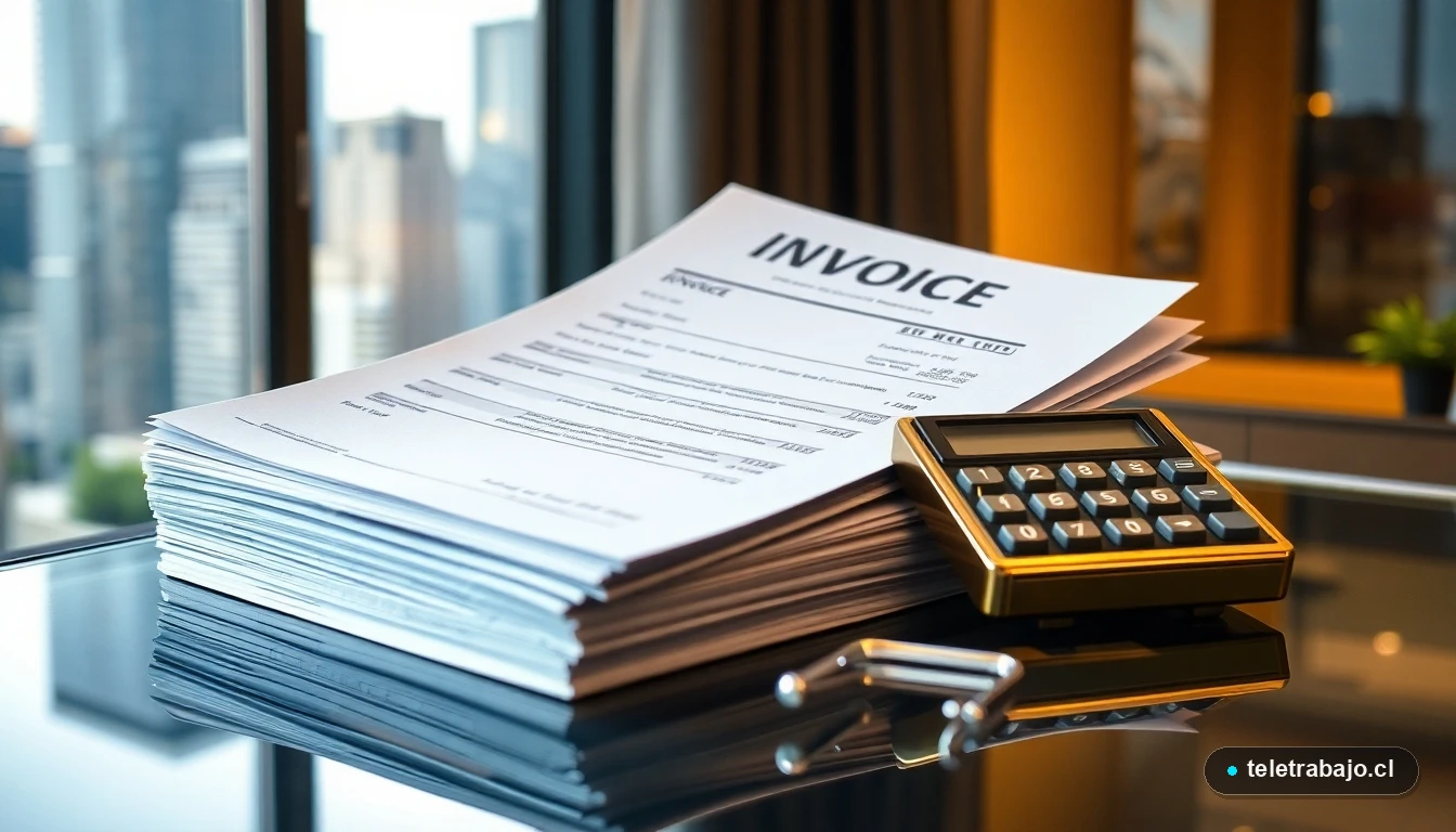 Detalle macro de facturas impresas, una calculadora y clips metálicos sobre un escritorio de cristal para autónomos.