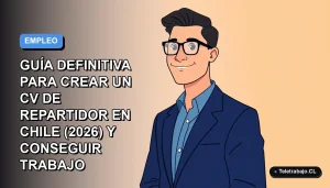 Ilustración vectorial plana de un repartidor con chaqueta azul y camisa, sobre fondo degradado azul y blanco, para guía de currículum en Chile.