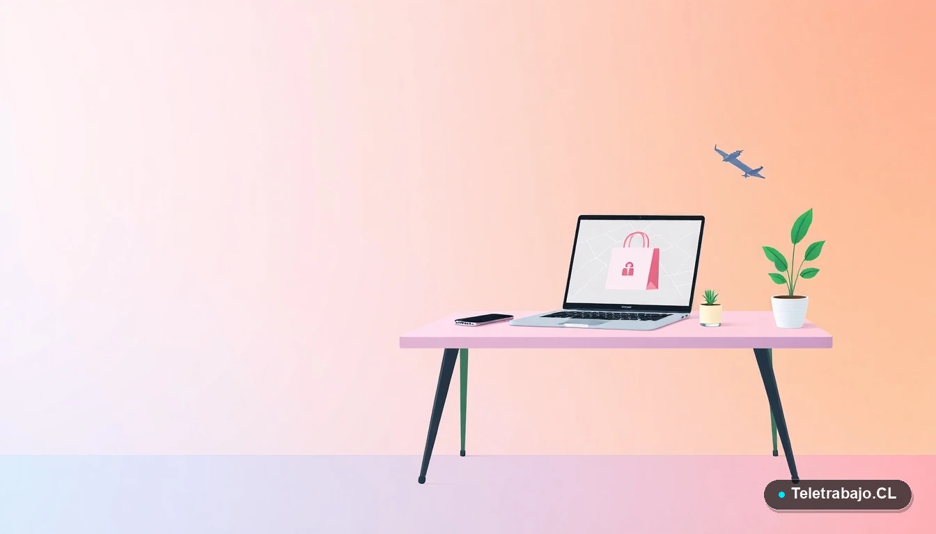 Escritorio moderno con laptop mostrando un mapa, bolsa de reparto y teléfono, ilustración plana sobre fondo degradado verde menta, concepto de logística y delivery.