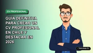 Ilustración vectorial plana de un trabajador profesional chileno sonriente, con camisa azul y chaqueta, sobre fondo degradado verde. Espacio negativo a la izquierda.