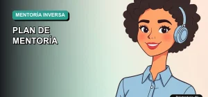 Ilustración vectorial plana moderna de una trabajadora remota sonriente con blusa azul, representando un programa de mentoría inversa en una empresa tecnológica.
