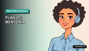 Ilustración vectorial plana moderna de una trabajadora remota sonriente con blusa azul, representando un programa de mentoría inversa en una empresa tecnológica.