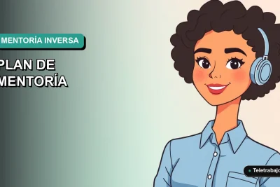 Ilustración vectorial plana moderna de una trabajadora remota sonriente con blusa azul, representando un programa de mentoría inversa en una empresa tecnológica.