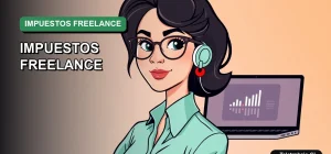 Ilustración vectorial plana de estilo premium que representa a una trabajadora freelance revisando finanzas en su laptop, sobre un fondo degradado vacío.