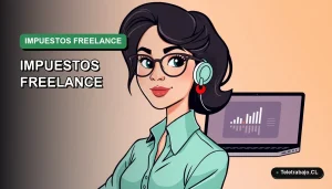 Ilustración vectorial plana de estilo premium que representa a una trabajadora freelance revisando finanzas en su laptop, sobre un fondo degradado vacío.
