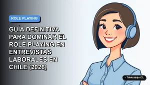 Ilustración plana vectorial de una mujer profesional chilena con blusa azul, sonriendo, en fondo degradado azul y blanco. Concepto de entrevista de trabajo.