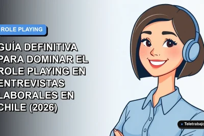 Ilustración plana vectorial de una mujer profesional chilena con blusa azul, sonriendo, en fondo degradado azul y blanco. Concepto de entrevista de trabajo.