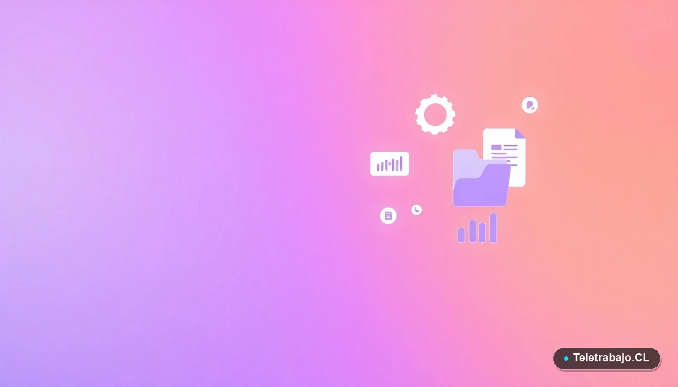 Elementos abstractos de interfaz de usuario: gráficos flotantes, un engranaje y una carpeta, sobre fondo degradado lila y durazno. Representación visual de preparación técnica.