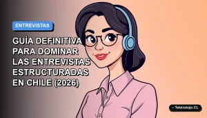 Ilustración plana corporativa de una mujer profesional chilena sonriendo, con fondo degradado azul y espacio negativo, representando dominio en entrevistas laborales.