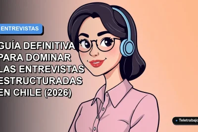 Ilustración plana corporativa de una mujer profesional chilena sonriendo, con fondo degradado azul y espacio negativo, representando dominio en entrevistas laborales.