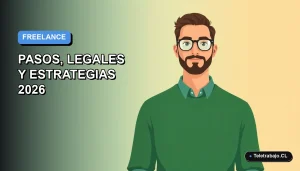 Ilustración vectorial plana de un hombre freelancer chileno trabajando de forma remota con una laptop, sobre un fondo degradado azul y blanco.