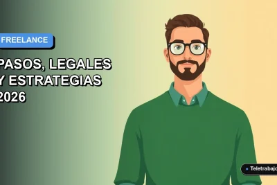 Ilustración vectorial plana de un hombre freelancer chileno trabajando de forma remota con una laptop, sobre un fondo degradado azul y blanco.