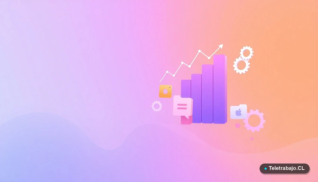 Elementos gráficos abstractos de interfaz de usuario con gráficos, engranajes y carpetas flotantes, representando estrategias y herramientas para freelancers.