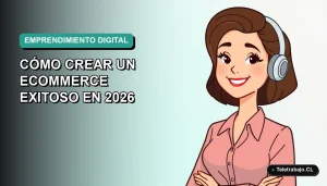 Ilustración plana corporativa de una emprendedora chilena sonriente, con fondo degradado verde azulado, para guía de ecommerce 2026.