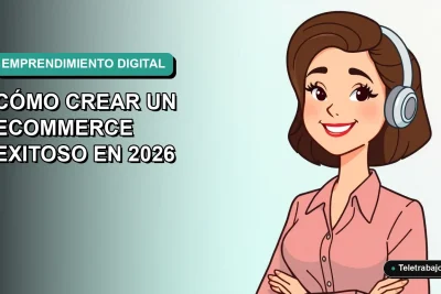 Ilustración plana corporativa de una emprendedora chilena sonriente, con fondo degradado verde azulado, para guía de ecommerce 2026.