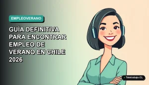 Ilustración plana vectorial de mujer profesional con laptop sonriendo, fondo degradado azul verdoso, concepto de trabajo remoto de verano en Chile.