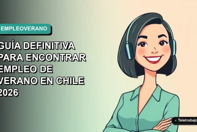 Ilustración plana vectorial de mujer profesional con laptop sonriendo, fondo degradado azul verdoso, concepto de trabajo remoto de verano en Chile.