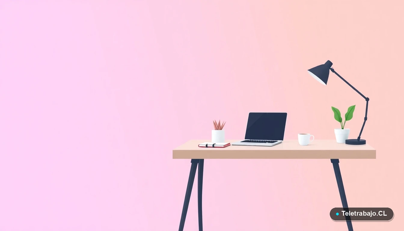 Escritorio moderno minimalista con laptop, cuaderno y taza de café, ilustración plana vectorial sobre fondo degradado lila y durazno, concepto de espacio de trabajo preparado.