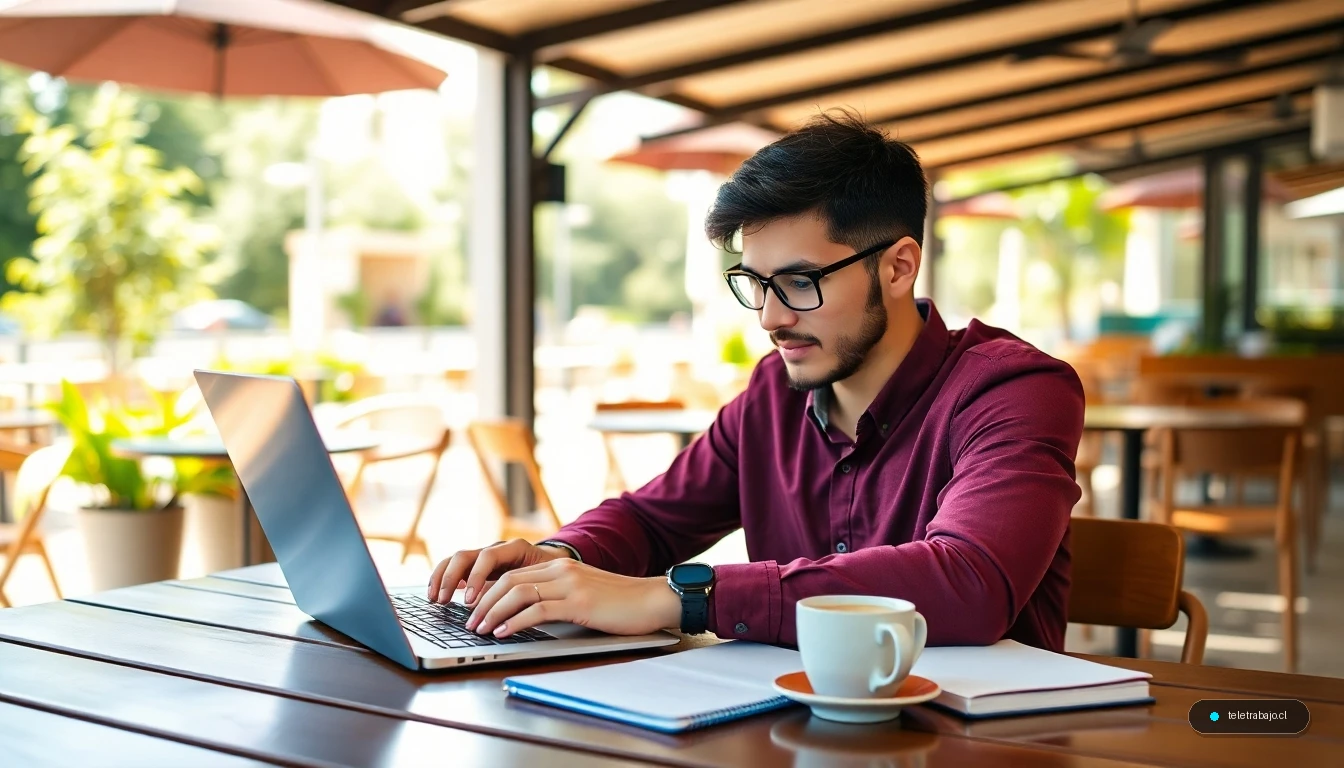 Profesional buscando empleo de verano trabajando de forma remota en una terraza con su portátil