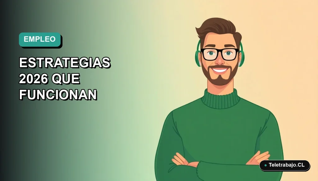 Ilustración plana de un hombre profesional con suéter verde trabajando de forma remota en Chile, sobre fondo degradado azul verdoso.