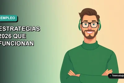 Ilustración plana de un hombre profesional con suéter verde trabajando de forma remota en Chile, sobre fondo degradado azul verdoso.