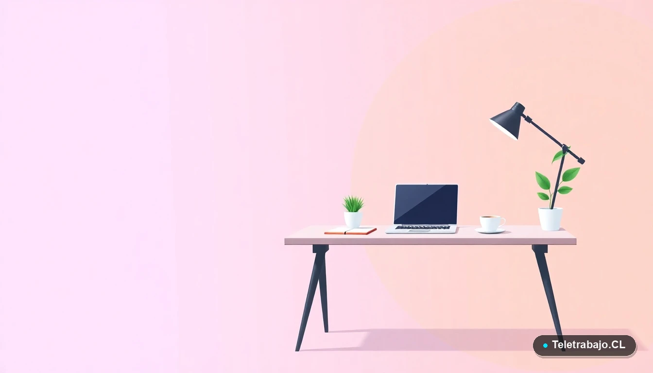 Escritorio moderno minimalista con laptop, cuaderno y café para teletrabajo, ilustración plana sobre fondo degradado lila y durazno.