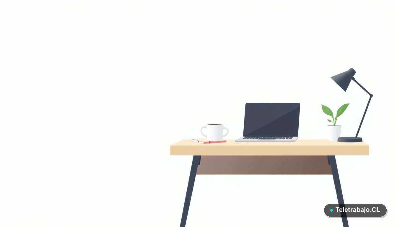 Ilustración de un escritorio moderno minimalista para teletrabajo con laptop, cuaderno, taza de café y planta, sobre fondo degradado verde menta.