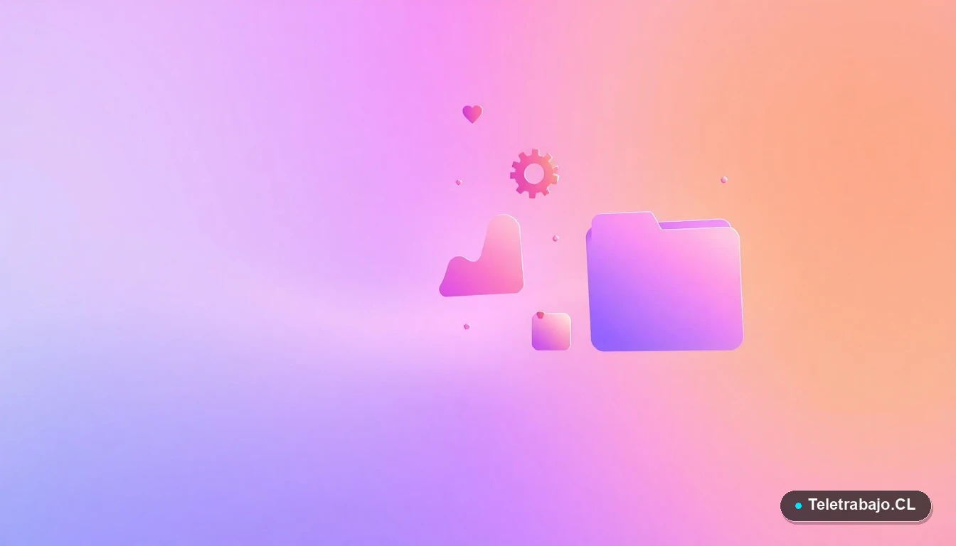 Composición abstracta de interfaz de usuario con gráficos y iconos flotantes en tonos lavanda y durazno, sobre un fondo degradado. Concepto de tecnología y organización para búsqueda de empleo.