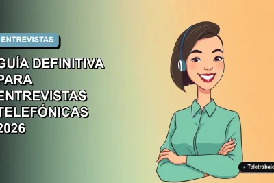 Ilustración plana de mujer profesional de teletrabajo en entrevista telefónica, fondo degradado azul y gris.
