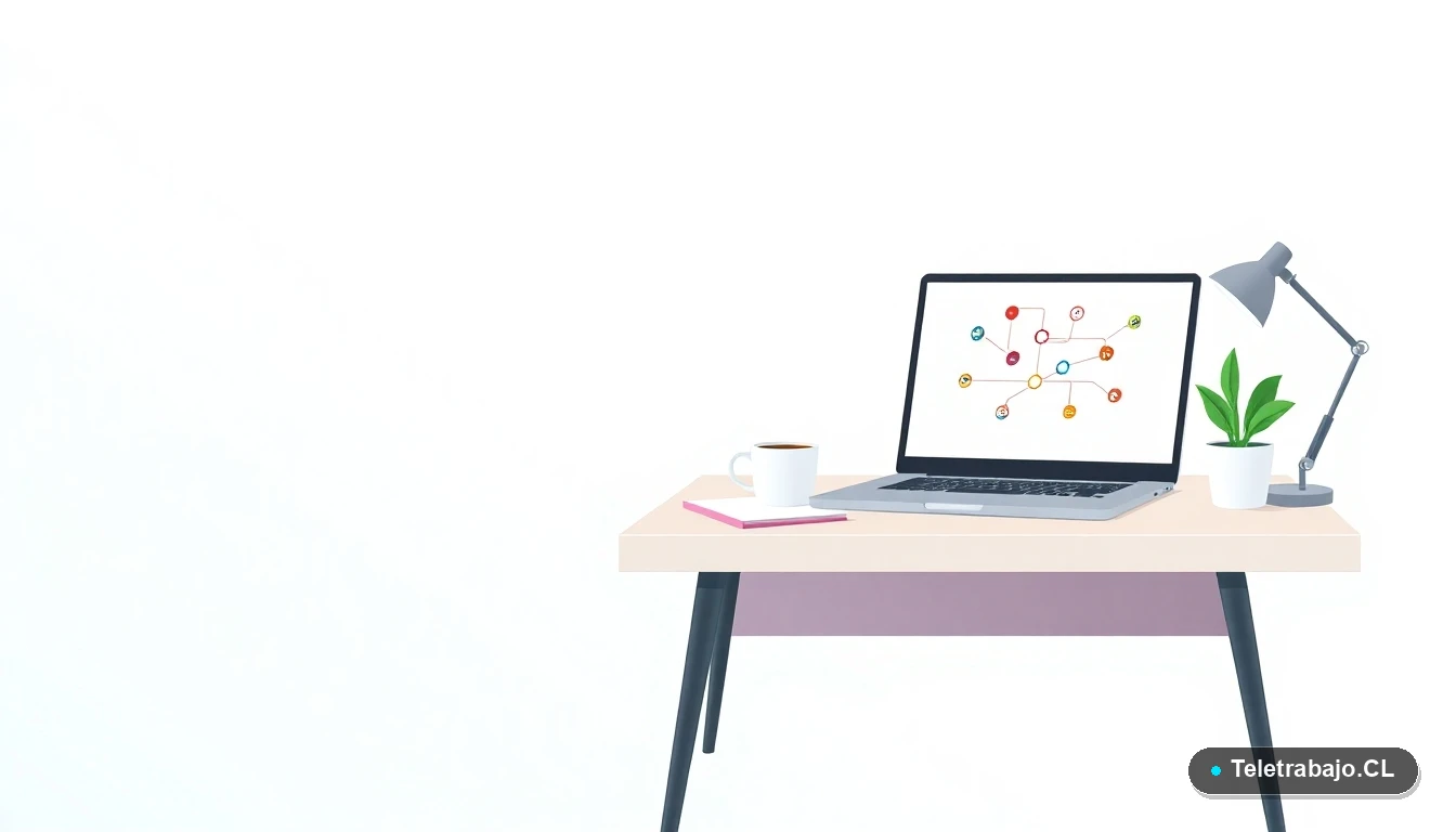 Escritorio moderno minimalista para teletrabajo con laptop, cuaderno y planta, ilustración plana.