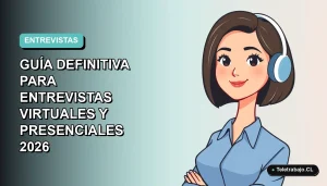 Ilustración plana vectorial de una mujer profesional de tecnología con blusa azul y corte bob, sobre fondo degradado azul verdoso, para guía de entrevistas virtuales y presenciales.
