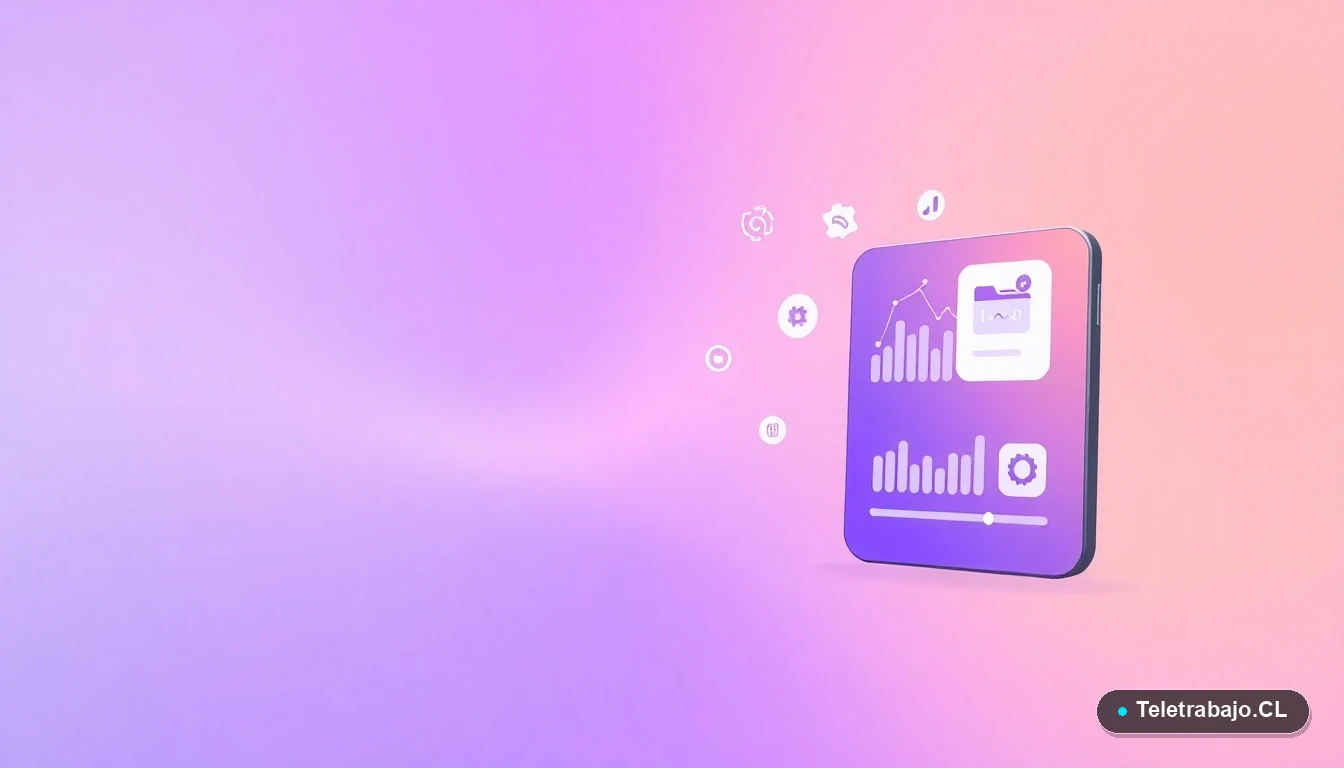 Ilustración abstracta de interfaz de usuario con gráficos y iconos flotantes, sobre fondo degradado lila, concepto de tecnología y procesos para entrevistas.