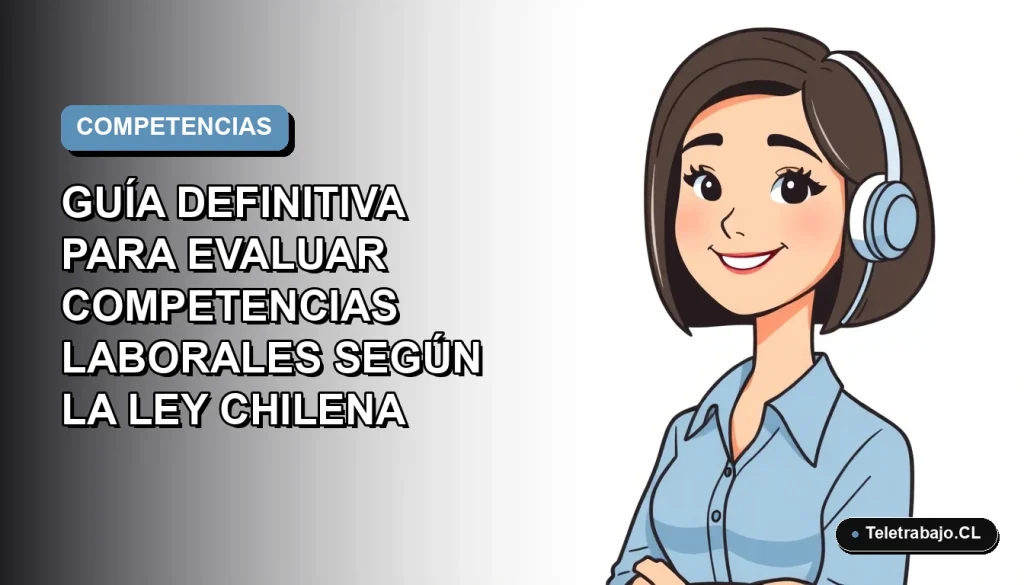 Ilustración plana corporativa de una mujer profesional con blusa azul y corte bob, sobre fondo degradado azul y gris, representando la evaluación laboral según la ley chilena.
