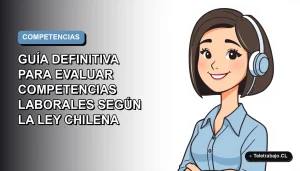 Ilustración plana corporativa de una mujer profesional con blusa azul y corte bob, sobre fondo degradado azul y gris, representando la evaluación laboral según la ley chilena.