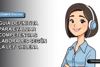 Ilustración plana corporativa de una mujer profesional con blusa azul y corte bob, sobre fondo degradado azul y gris, representando la evaluación laboral según la ley chilena.
