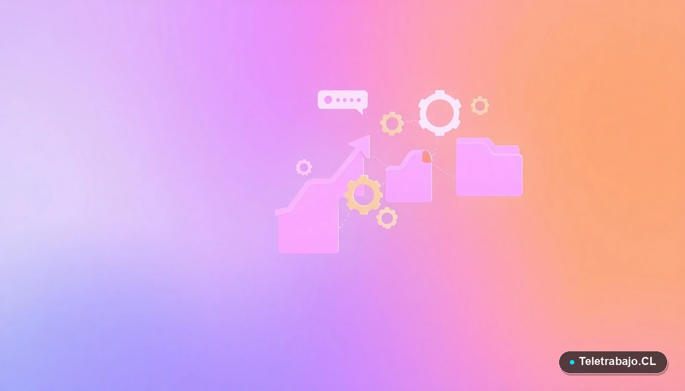 Elementos gráficos abstractos de interfaz de usuario con gráficos, engranajes y carpetas en tonos lavanda y durazno, sobre fondo degradado, concepto de evaluación y gestión de competencias.