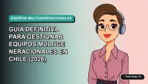 Ilustración plana corporativa de una mujer profesional chilena trabajando de forma remota, representando la gestión de equipos multigeneracionales en 2026.