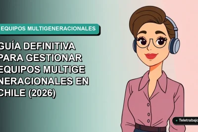 Ilustración plana corporativa de una mujer profesional chilena trabajando de forma remota, representando la gestión de equipos multigeneracionales en 2026.