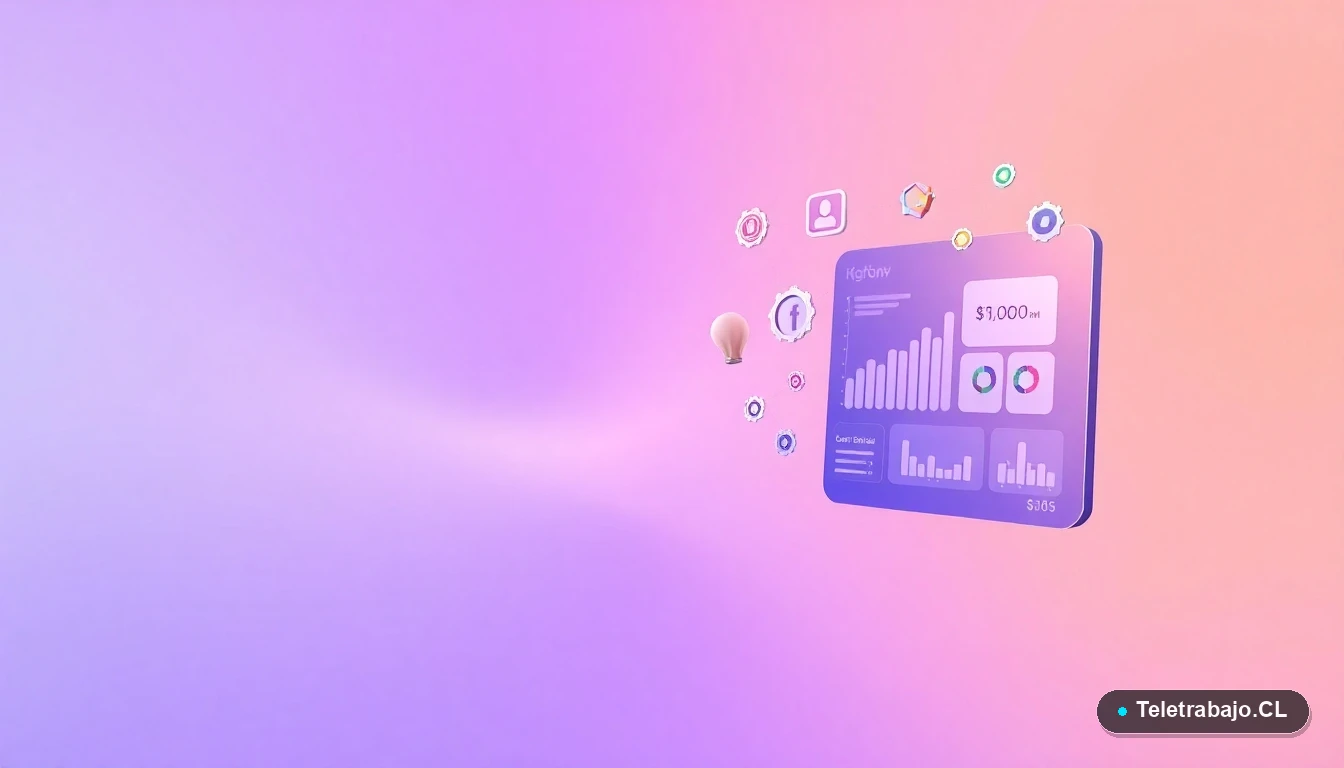 Elementos de interfaz de usuario abstractos y modernos, como gráficos y engranajes flotantes, representando la colaboración tecnológica en equipos diversos.