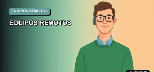 Ilustración plana vectorial corporativa de un trabajador remoto masculino con suéter verde, sobre fondo degradado suave. Concepto de gestión de equipos a distancia.