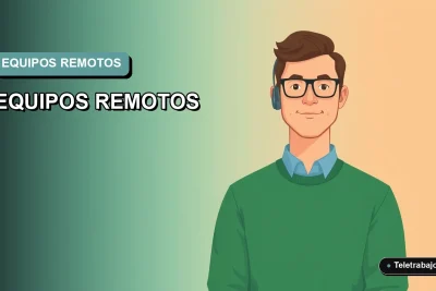 Ilustración plana vectorial corporativa de un trabajador remoto masculino con suéter verde, sobre fondo degradado suave. Concepto de gestión de equipos a distancia.