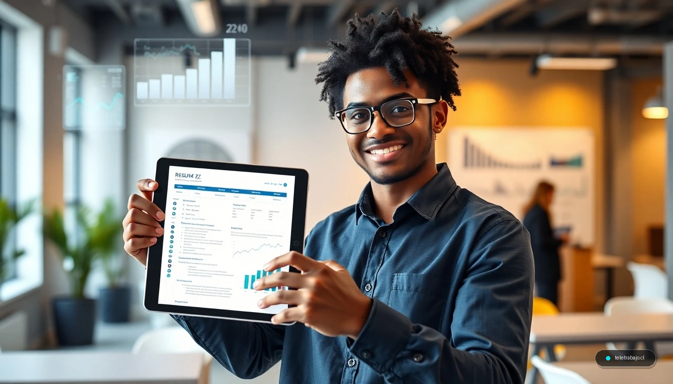 Joven profesional de la Generación Z mostrando un currículum digital moderno en un entorno de trabajo colaborativo con elementos de IA.