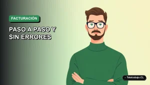 Ilustración vectorial plana de un hombre profesional trabajando remotamente, con fondo degradado verde, para guía de facturación en Chile.