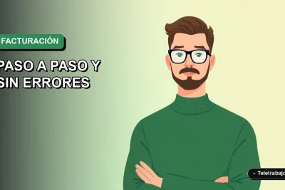 Ilustración vectorial plana de un hombre profesional trabajando remotamente, con fondo degradado verde, para guía de facturación en Chile.