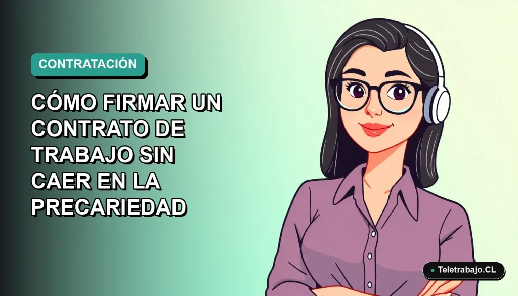 Ilustración plana de joven profesional mujer revisando un contrato de trabajo digital, estilo Corporativo Memphis, fondo degradado azul verdoso.