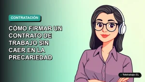 Ilustración plana de joven profesional mujer revisando un contrato de trabajo digital, estilo Corporativo Memphis, fondo degradado azul verdoso.