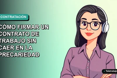 Ilustración plana de joven profesional mujer revisando un contrato de trabajo digital, estilo Corporativo Memphis, fondo degradado azul verdoso.